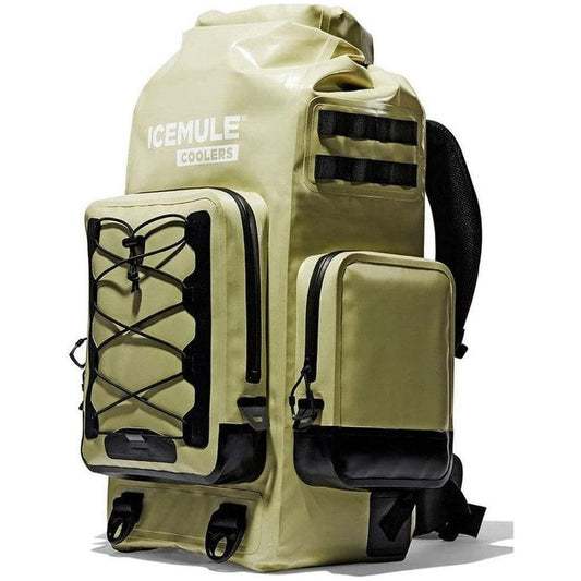 A front view of the IceMule Coolers Boss (30L) in Sand showing the front pocket and side pocket against a white background.
