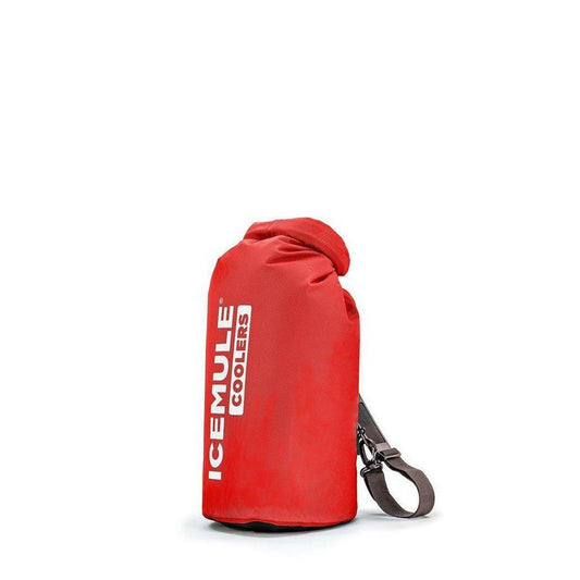 Side view of the IceMule Coolers Classic Cooler Small 10L in Blaze Orange with a shoulder strap against a white background.