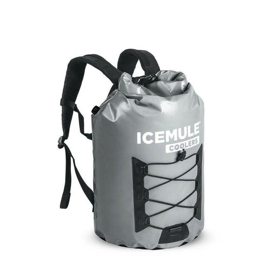 A front view of the IceMule Coolers Pro Cooler Large 23L in Black with a bungee cord closure and black straps against a white background.