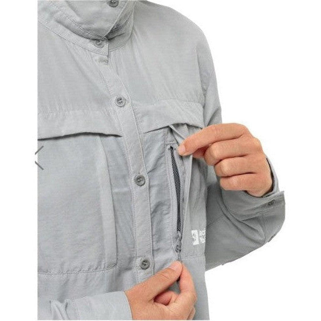 A close-up of the Jack Wolfskin Women's Barrier Long Sleeve Shirt in Cool Grey, showing the front pocket and zipper detail.