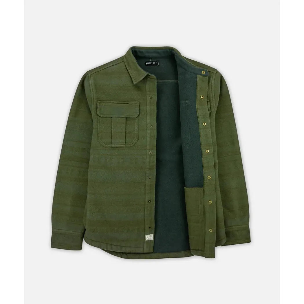 Olive Jetty Hull Jacket open to show dark inner lining and chest pocket, photographed against a plain white background.