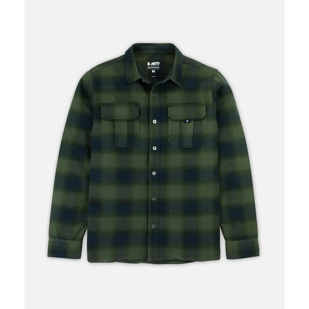 A front view of the Jetty Men's Arbor Flannel in Agave showing chest pockets and a button-down collar against a plain white background.