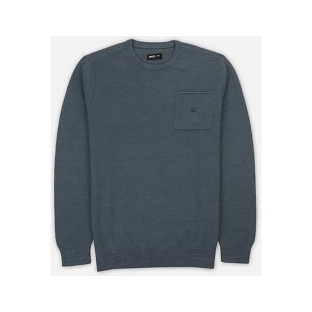 A front view of the Jetty Men's Brine Sweater in Storm color showing the chest pocket and crew neck against a white background.