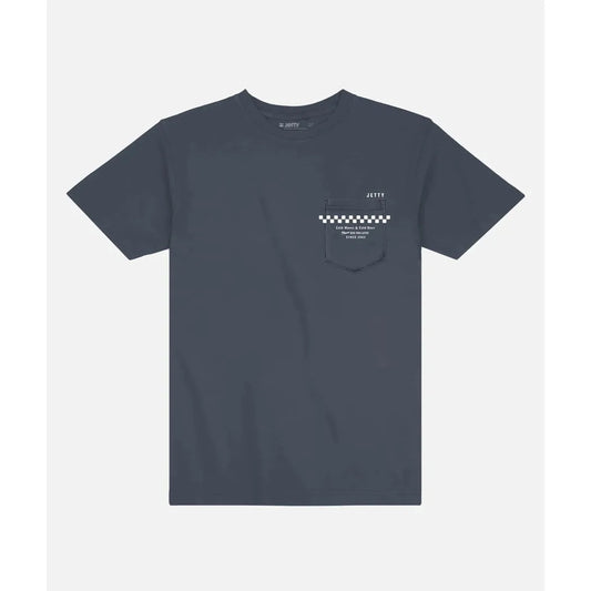 A front view of the Jetty Men's Clink Tee in Navy showing the chest pocket with checkered detail against a plain background.