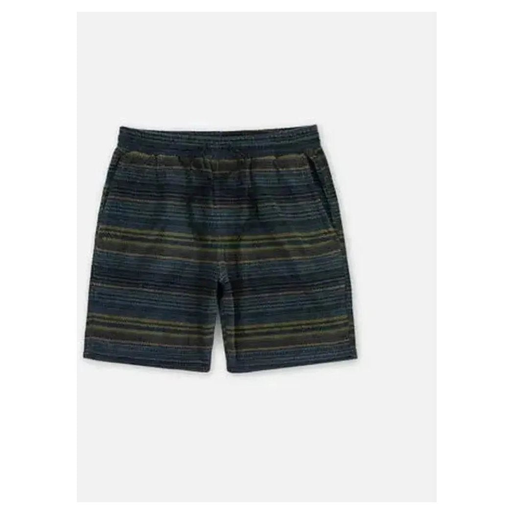 Side view of the Jetty Men's Concordia Polar Fleece Short in Black showing the drawstring waist and striped pattern against a white background.