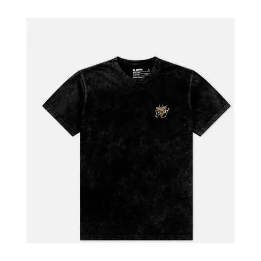 A front view of the Jetty Men's Jaws Tee in Black Mineral with a small embroidered logo on the chest against a plain white background.