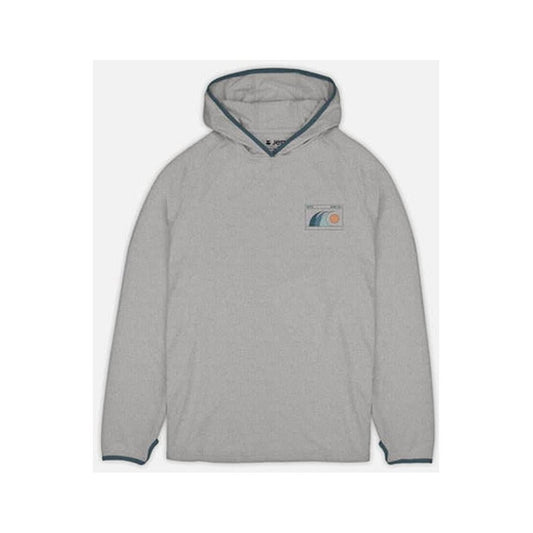 A front view of the Jetty Men's Mahi UV Tech Hoodie in Grey with a small patch on the chest and a hood, against a plain white background.