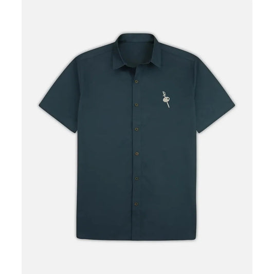 A front view of the Jetty Men's Maris Embroidered Shirt in Navy showing the embroidered key on the chest against a plain white background.