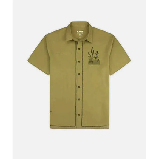 Olive Jetty Men's Marshall Embroidered Linen Shirt with short sleeves and a pocket, shown from the front against a white background.