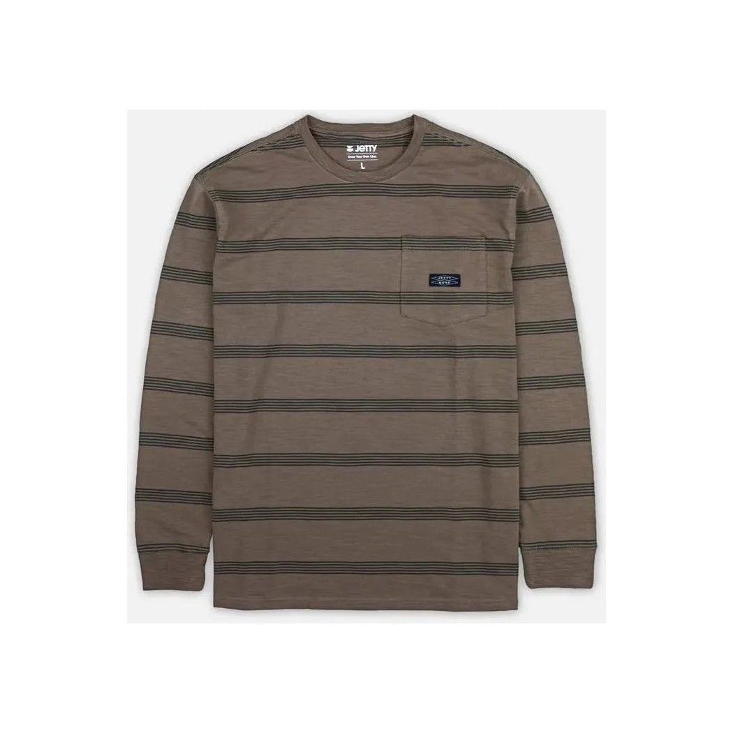 A front view of the Jetty Men's Pehala Slub Long Sleeve Tee in White with a chest pocket and striped pattern against a white background.