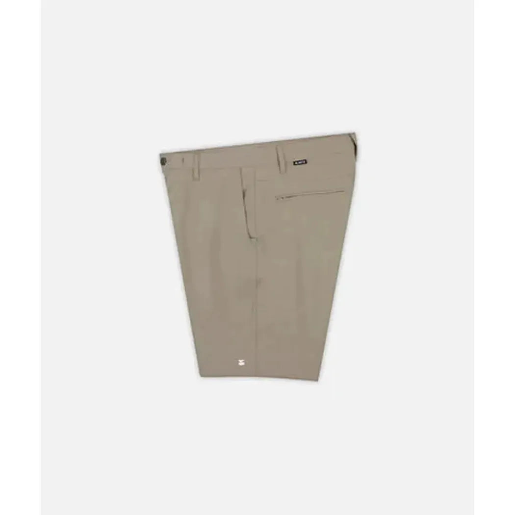 Khaki Jetty Men's Polywog Hybrid Walkshorts shown from the back with a small pocket and white background.