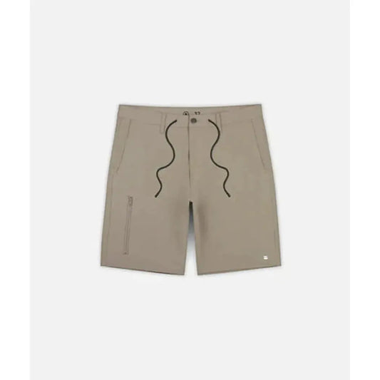Khaki Jetty Men's Polywog Hybrid Walkshorts shown from front with drawstring and zip pocket on left leg, against white background.