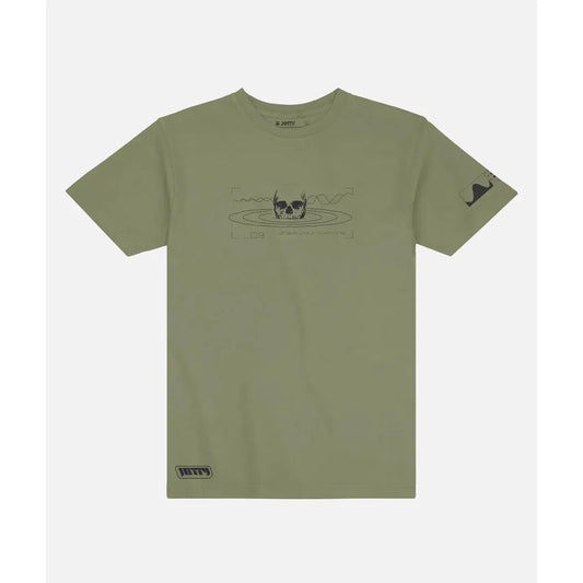 Olive Jetty Men's Radius Tee with a skull graphic on the front and a small logo on the sleeve, photographed against a plain white background.