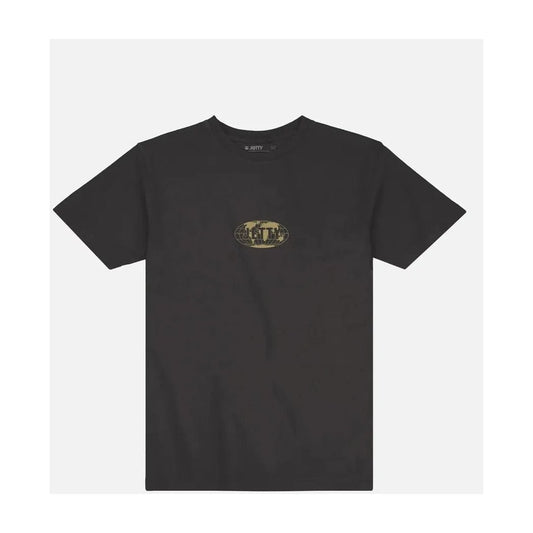 A front view of the Jetty Men's Transponder Tee in Black with a small logo on the chest against a plain white background.