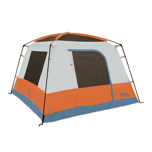 A front view of the Johnson Outdoors Eureka! Copper Canyon LX 6 tent with orange, gray, and blue panels against a white background.