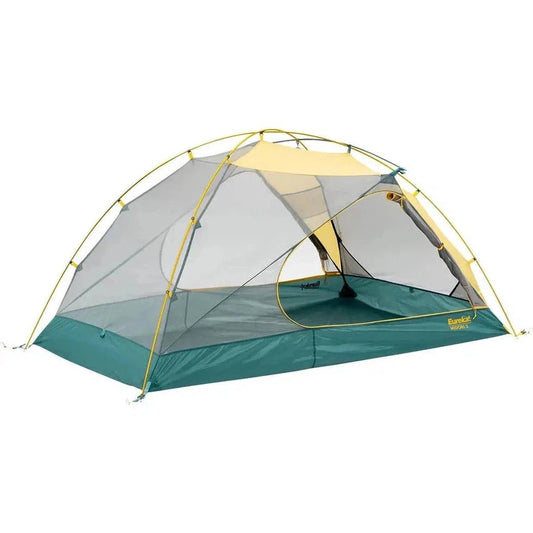 A front view of the Johnson Outdoors Eureka! Midori 2 tent with a green floor and yellow poles against a white background.