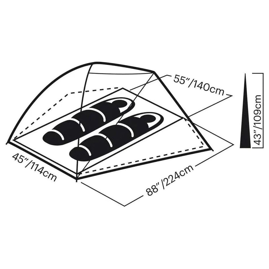 A diagram of the Johnson Outdoors Eureka! Midori 2 tent showing dimensions and a floor plan with bread illustrations.