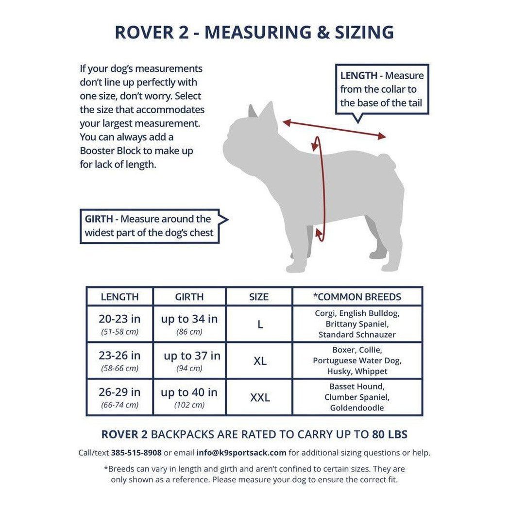 Side view of the K9 Sport Sack Rover 2 showing measuring instructions and size chart on a white background.