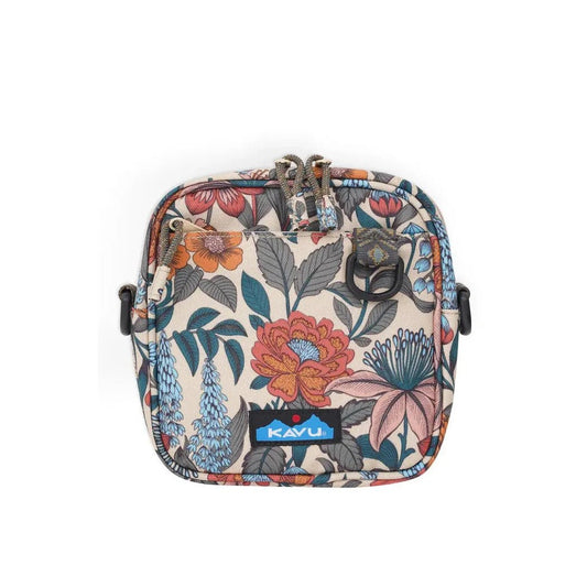 A front view of the Kavu Globetrot in Flower Fields with a floral pattern and a blue Kavu logo on the front, against a white background.