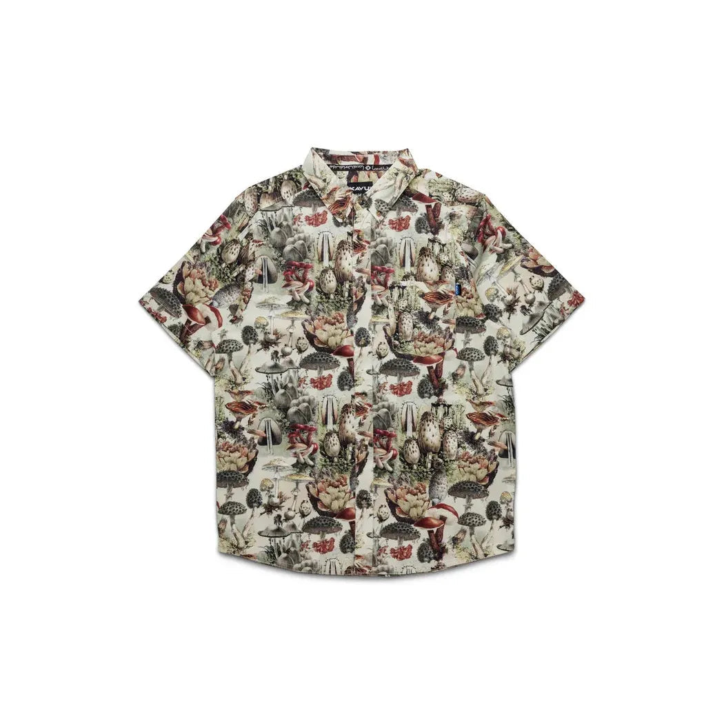 A front view of the Kavu Men's River Wrangler in Fiddlehead with a detailed nature print on a white background.