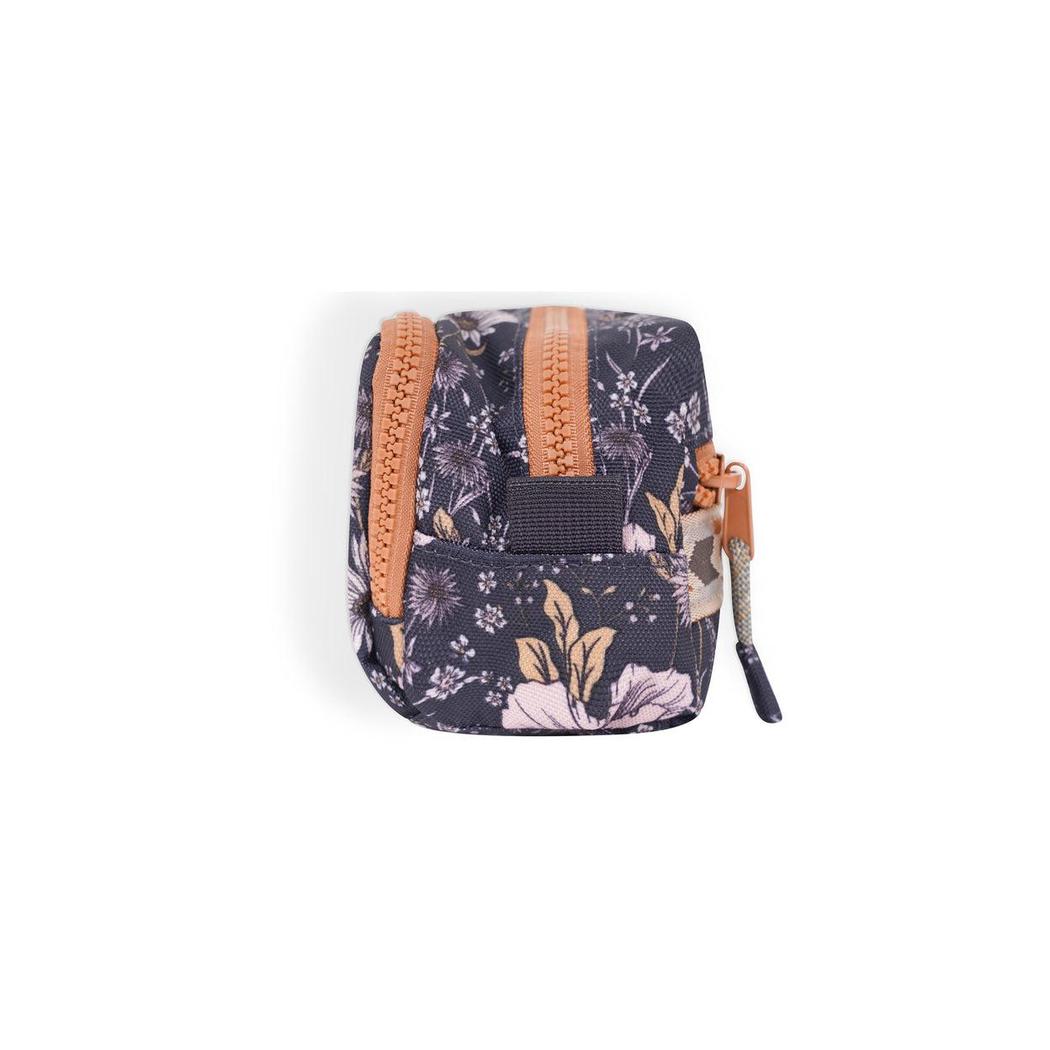 A top-down view of the Kavu Out Pouch in Flower Fields color showing the front pocket and zipper pulls against a white background.