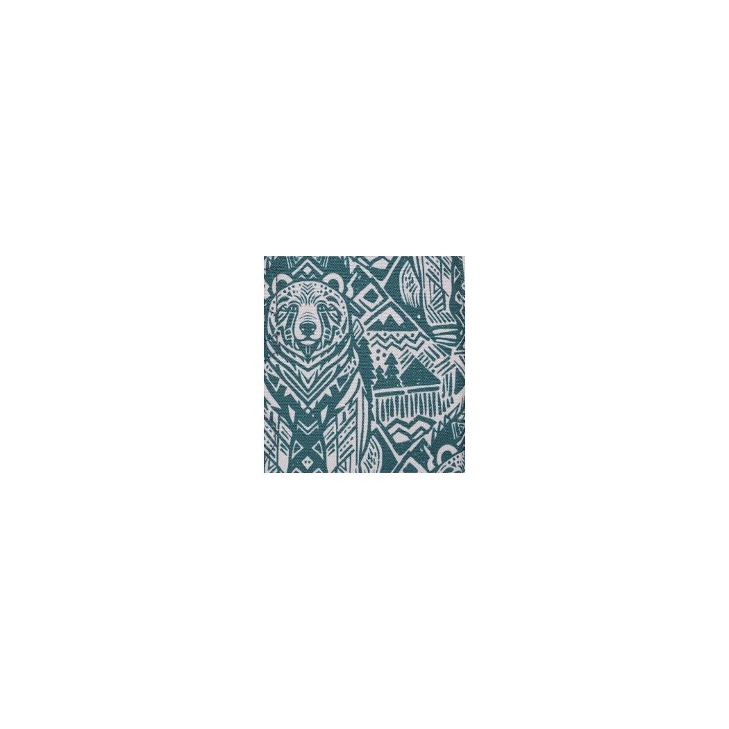 A close-up of the Kavu Pender Pack in Frosty Foliage showing the bear graphic and geometric patterns.