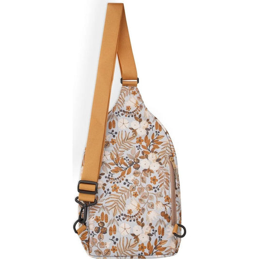 Side view of the Kavu Pender Pack in Frosty Foliage showing the adjustable strap and floral pattern against a white background.
