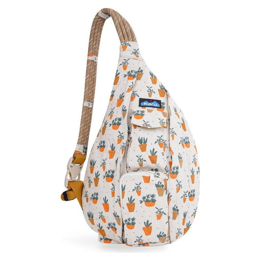 A front view of the Kavu Rope Bag in Camp Vides with a rope strap and potted plant print against a white background.