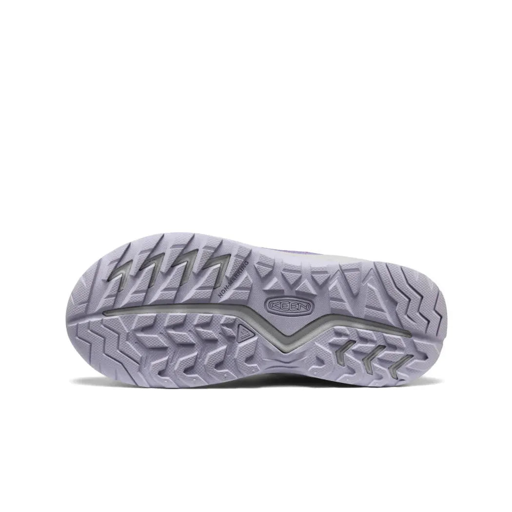 The sole of the Keen Big Kids' Hightrail Waterproof Hiking Boot in Purple Haze/Thistle is shown from below against a white background.