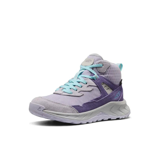 A front view of the Keen Big Kids' Hightrail Waterproof Hiking Boot in Purple Haze/Thistle with light blue laces against a white background.