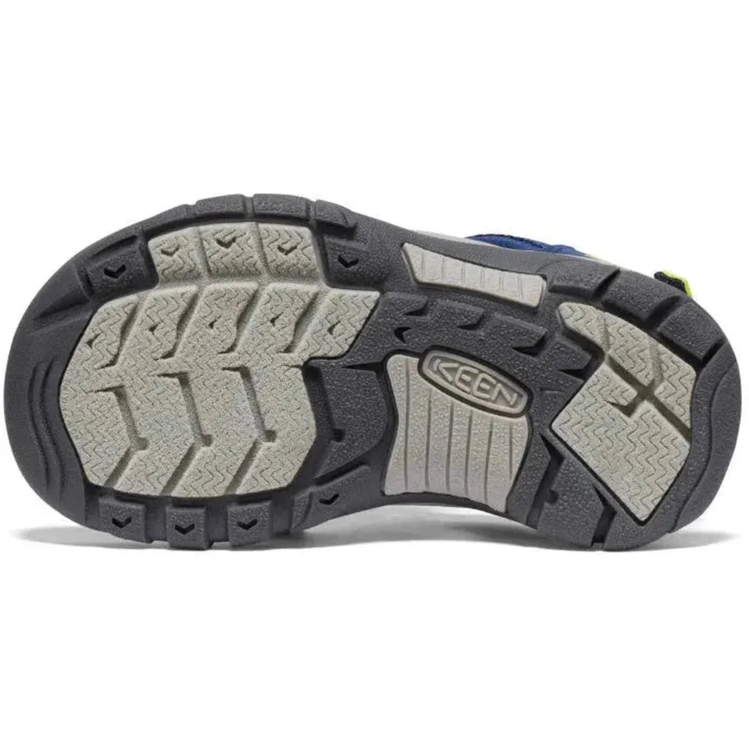 The sole of the Keen Child's Newport Boundless in Legion Blue/Willowherb, showing the lugged tread pattern against a white background.