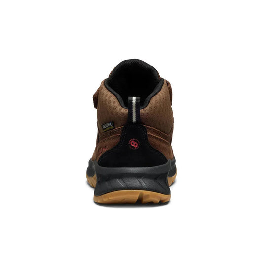 Back view of the Keen Little Kids' Hightrail Waterproof Hiking Boot in Dark Earth/Garnet showing the heel and lugged sole against a white background.