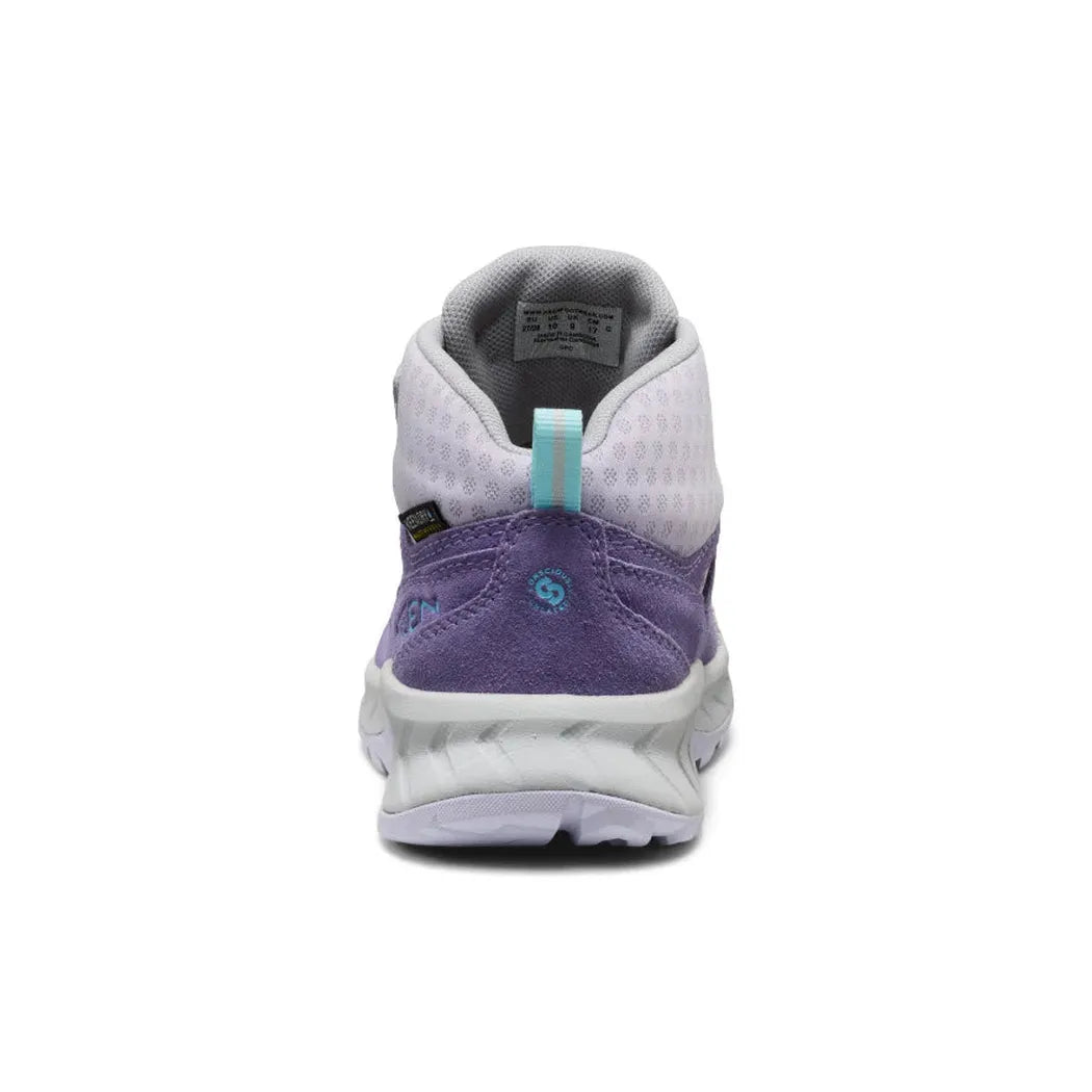 Back view of the Keen Little Kids' Hightrail Waterproof Hiking Boot in Purple Haze/Thistle showing the pull tab and white midsole against a white background.