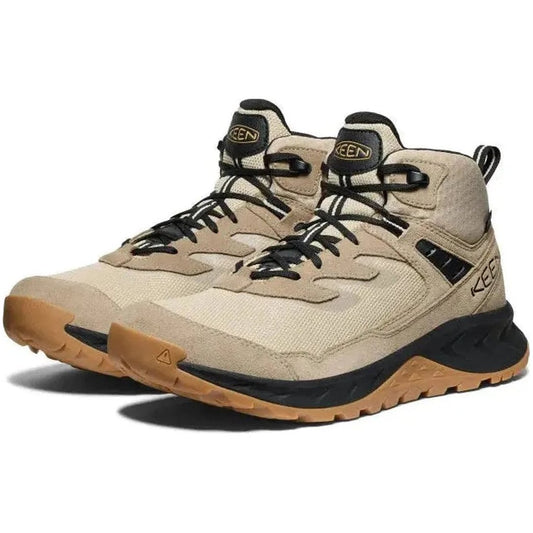 A front view of the Keen Men's Hightrail Mid WP in Brindle/Oak Buff with black accents and a gum-colored outsole against a white background.