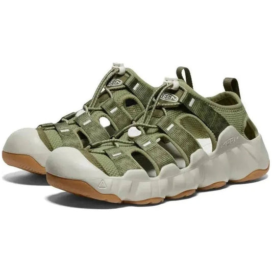 Side view of the Keen Men's Hyperport H2 in Martini Olive/Plaza Taupe showing the mesh upper and thick sole against a white background.