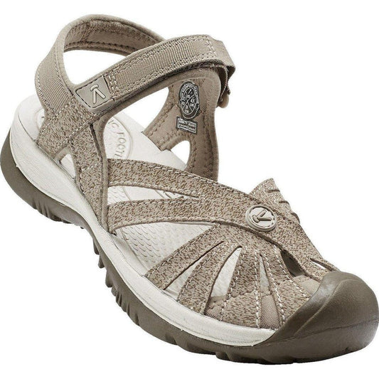 Side view of the Keen Women's Rose Sandal in Brindle/Shitake showing the adjustable strap and textured upper against a white background.