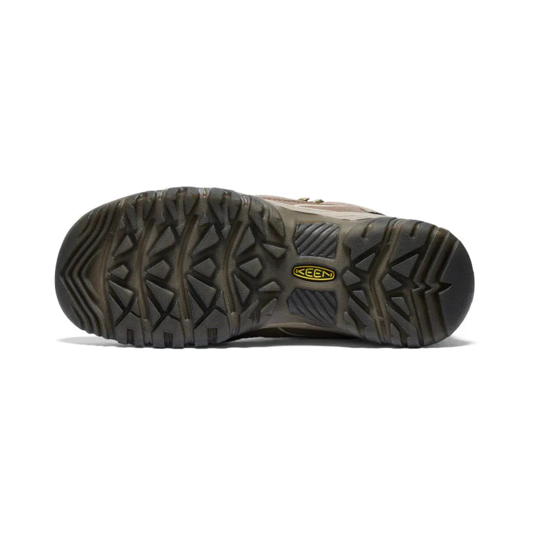 The sole of the Keen Women's Targhee IV Waterproof Hiking Boot in Brindle/Nostalgia Rose is shown from below against a white background.