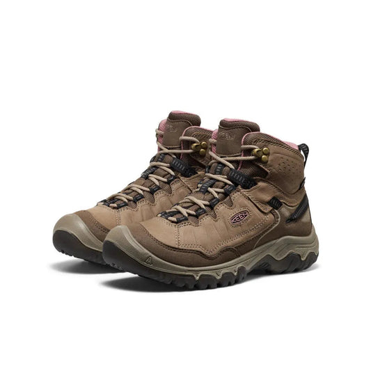 A front view of the Keen Women's Targhee IV Waterproof Hiking Boot in Brindle/Nostalgia Rose with a rugged outsole against a white background.