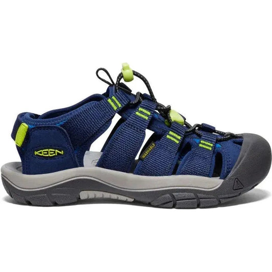 Side view of the Keen Youth's Newport Boundless in Legion Blue/Willowherb showing the lugged outsole against a white background.
