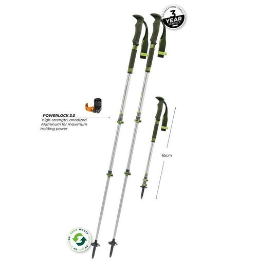 Two Komperdell Explorer Zero trekking poles with Powerlock 3.0 feature and 65cm length shown against a white background.