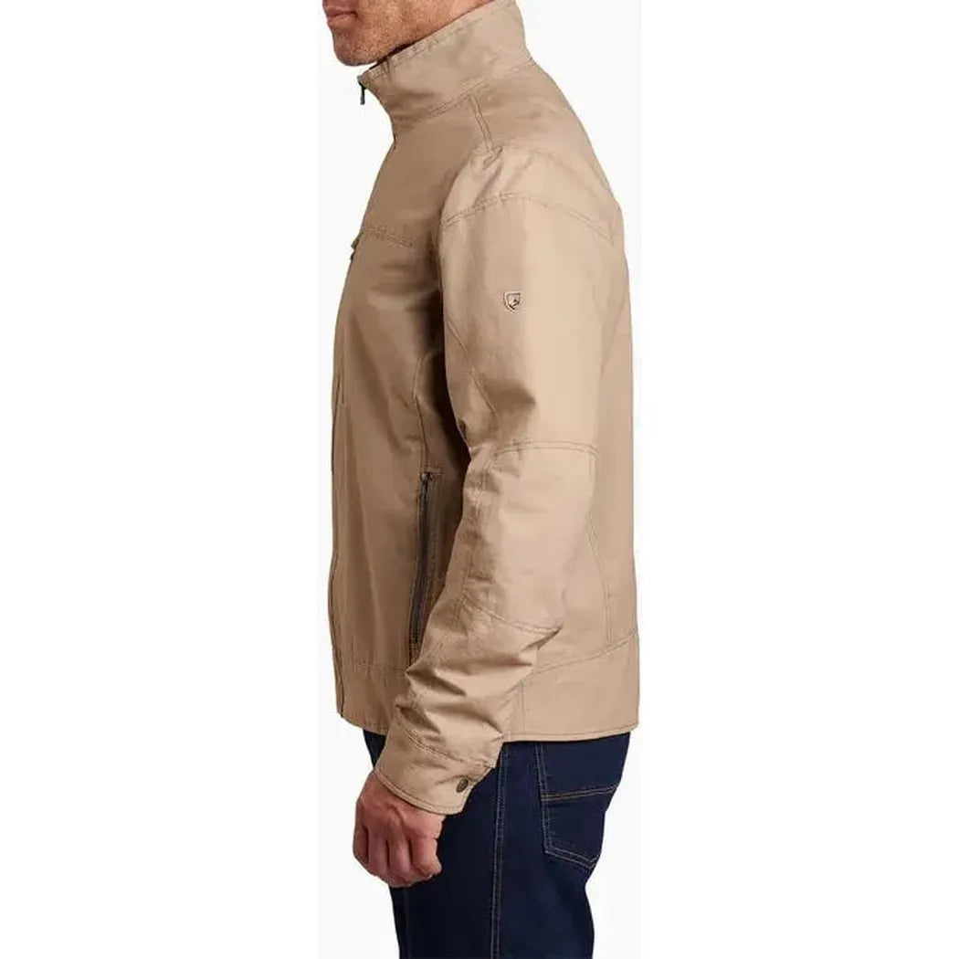 Side view of the Kuhl Men's Burr Jacket in Espresso showing the high collar and zippered pocket against a white background.