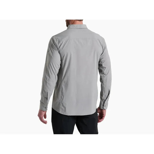 Back view of the Kuhl Men's Driftr Long Sleeve in Concrete Grey on a model against a white background.