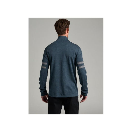 Back view of the Kuhl Men's Kuhl Team Merino 1/4 Zip in Lakewood showing the reflective sleeve stripes against a gray background.