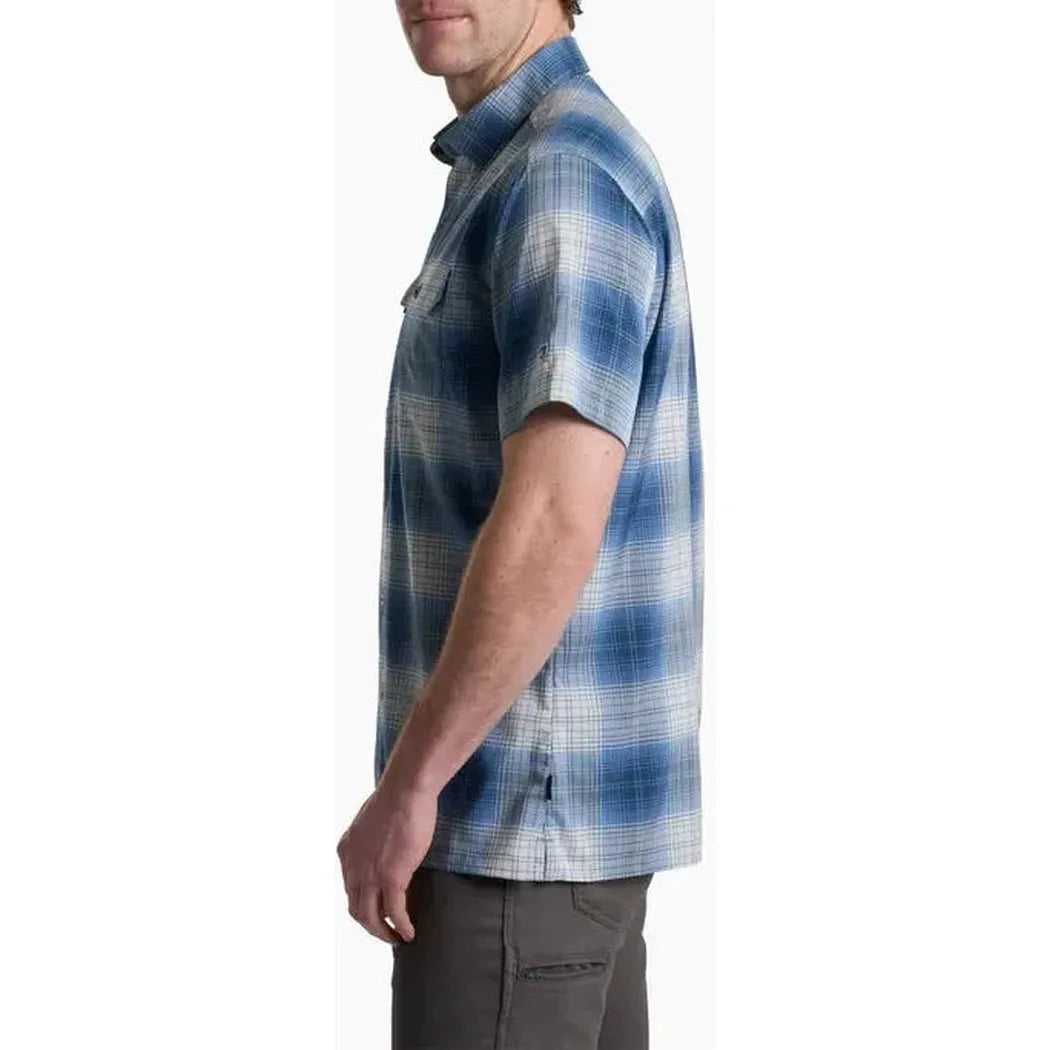 Side view of the Kuhl Men's Response in Ember Red showing the short sleeve and plaid pattern against a white background.