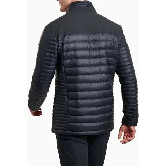 Back view of the Kuhl Men's Spyfire Jacket in Blackout, showing the quilted back and a model wearing it against a white background.