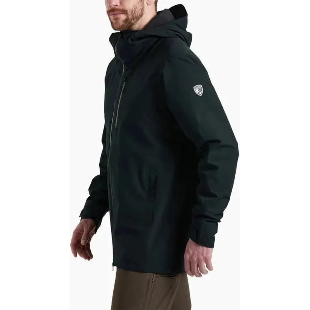 Side view of the Kuhl Men's Stretch Voyagr Insulated jacket in Blackout with a hood and logo on the sleeve against a white background.