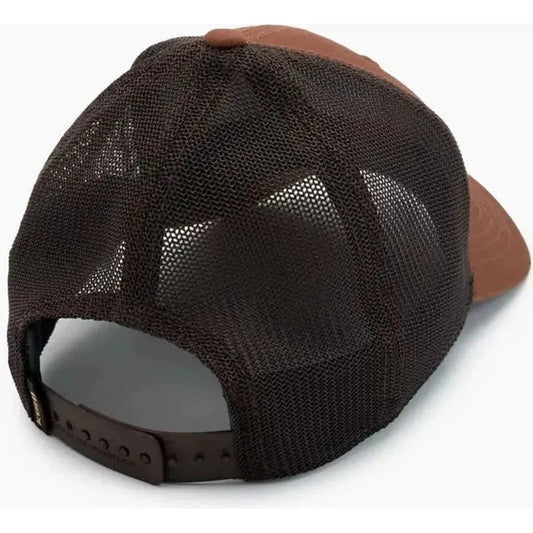 Back view of the Kuhl Trucker Rustic Brick hat showing the mesh back and adjustable strap against a white background.
