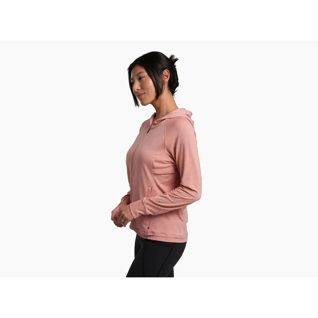Side view of the Kuhl Women's Inspira FZ Hoody in Alpine Lake showing the model wearing it against a white background.
