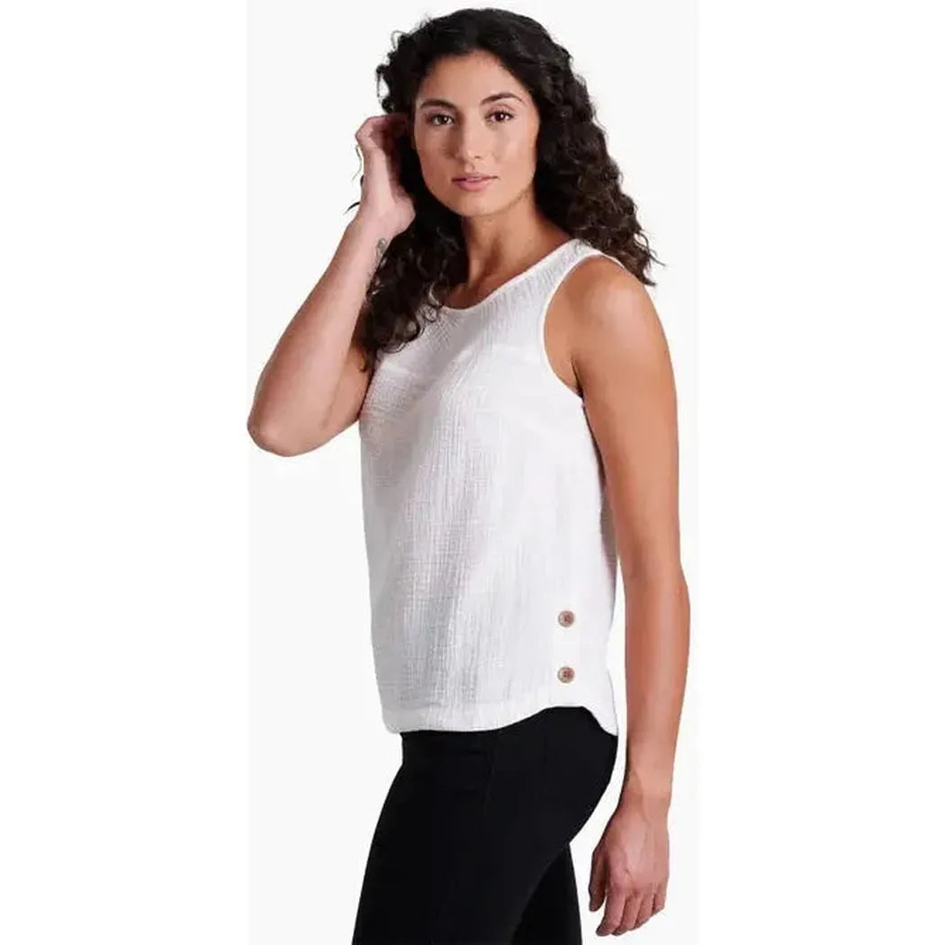 Side view of the Kuhl Women's Klover Tank in Aqua showing the side buttons against a white background.