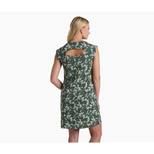 Back view of the Kuhl Women's Lyra Tee Dress in Smoked Pine Print showing the back cutout on a model against a white background.